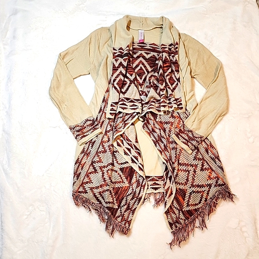 No boundaries taupe aztec fringe hem cardigan